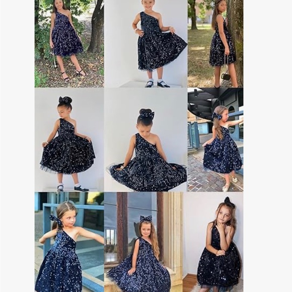Girls Sequin Dress One Shoulder Sparkle Party Dress with Hair Bow - Picture 5 of 6